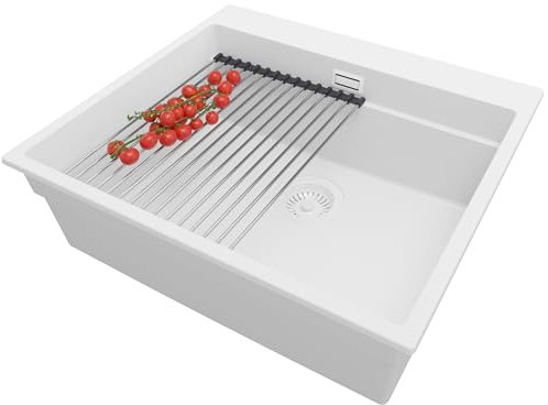 PRIMAGRAN Fregadero Cocina Todo Blanco 58x53cm, Granito 1 Seno + Sifón + Enrollable Escurridor, Sobre encimera al mueble 60cm - Oslo Max