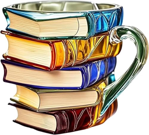 Tasse mit bemalten Büchern, handgefertigte Kaffeetasse aus farbigem Glas mit kreativen 3D-Büchern, originelle, einzigartige Kaffeetasse mit Bücherstapel, Sammelgeschenke for Literaturliebhaber.(Style