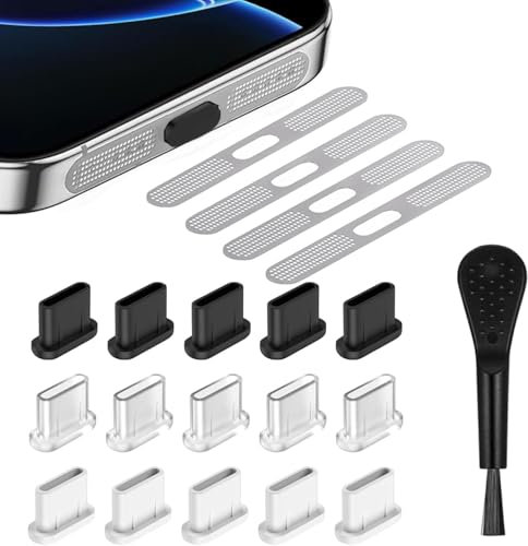 RXKFIGX 4pcs USB C Dust Plugs and 15pcs Phone Speaker Covers, Dustproof Adhesive Cover, Type-C Charging Port Cover, for iPhone 15 16 Series and All Type C Devices with Plastic Cleaning Brush