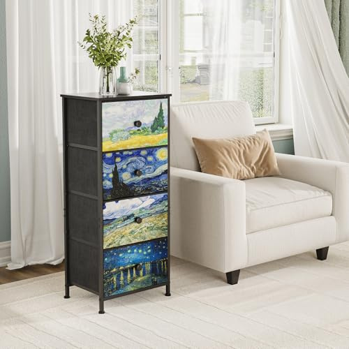 Welfuturer Kommode mit Schubladen aus Stoff, Van-Gogh-Stil Schmal Komodenschrank Schminktisch Aufbewahrungsschrank für Schlafzimmer Industrieller Schrank Flur, Wohnzimmer, Kinderzimmer (4 Schubladen)