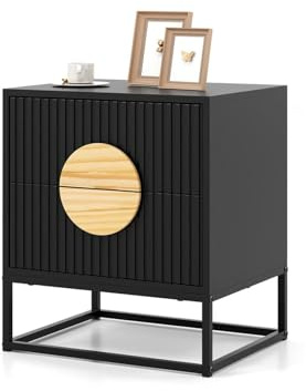 KOMFOTTEU Nachttisch mit 2 Schubladen, Nachtschrank mit Griffe aus Kiefernholz und Metallrahmen, moderner Beistelltisch für Schlafzimmer, Wohnzimmer, 48 x 40 x 55 cm (Schwarz)