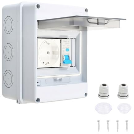 TIHOOK Steckdosenbox mit FI-Schutzschalter, Aufputz Ip65 Außensteckdose | 16 A 230 V Schuko Steckdose, Wandmontage, ideal für Garten, Terrasse, Feuchtbereiche