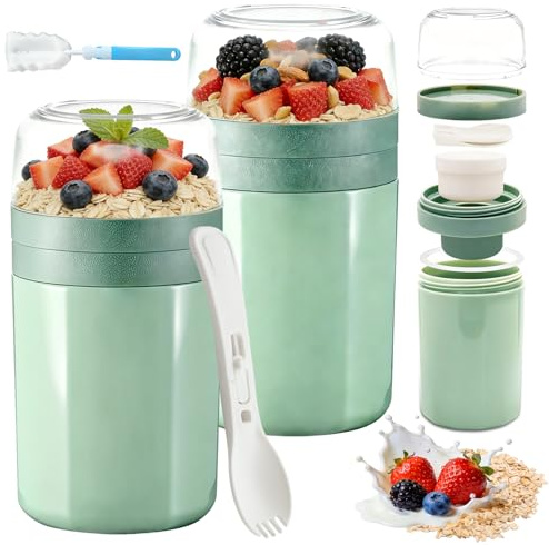 2er Müslibecher To Go Auslaufsicher mit Löffel & Soßenbox, 520+50+250ml | Joghurtbecher aus BPA-freiem PP, Spülmaschinengeeignet für Arbeit, Schule & Picknick (mit Reinigungsbürste)