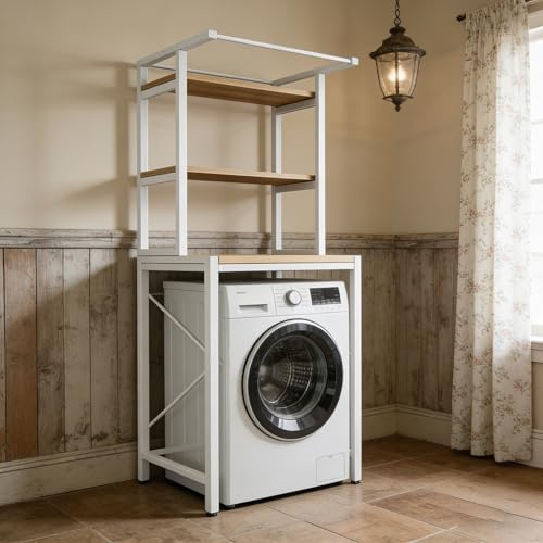 WanKaMom Over The Washer Dryer Shelf, 3-Tier Industrial Metal Shelving, Floorstanding Heavy Duty Shelves for Laundry Room and Kitchen(White)