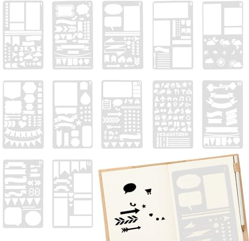 12 Stück Leicht Transparente Bullet Journal Schablonen Set, Scrapbook Zubehör für Kreative Layouts und Organisierte Planung