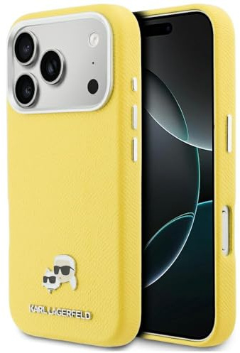 CG MOBILE Karl Lagerfeld Karl & Choupette Kopfbolzen Saffiano kompatibel mit MagSafe Hülle für iPhone 17 Pro Max (Gelb)