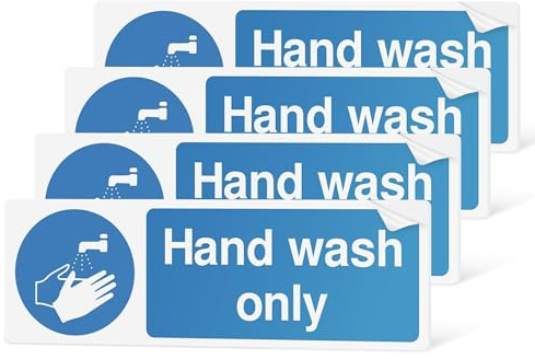 Hand Wash Only Sign | 4 Pack | 15 x 5cm | Self Adhesive Stickers | Gloss Finish
