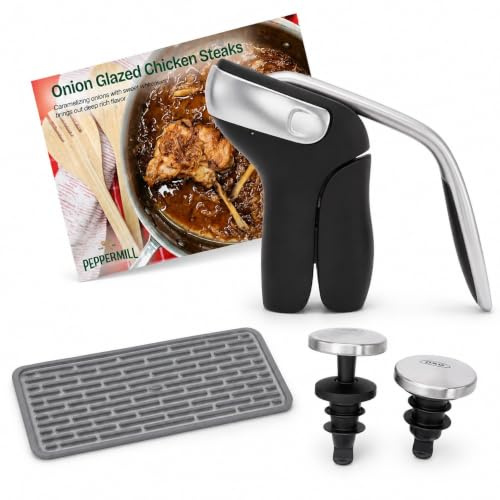 OXO 3-Piece Wine & Champagne Gift Set - Corkscrew, Stopper & Drying Mat | Vertical corkscrew | Integrated foil cutter | Champagne & wine bottle stopper 2- pack | Recipe card included | Gift-ready