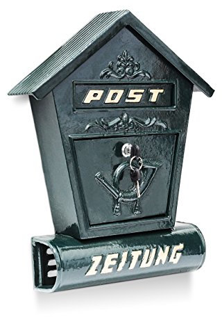 Relaxdays Briefkasten Antik mit Zeitungsfach spitzes Dach HBT: 47 x 30 x 9,5 cm Wandbriefkasten aus Gusseisen zur Wandmontage mit Zeitungsrolle nostalgisches Design mit Verzierung, grün