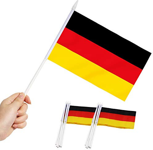 Anley Deutsch 5x8 Zoll Handgehaltene Mini-Flagge mit 12 weißem Solid Pole - Deutschland Stick Flagge, lebendige Farbe und Ausbleiche - 5 x 8 Zoll Handgehaltene Stick Flaggen mit Speerspitze