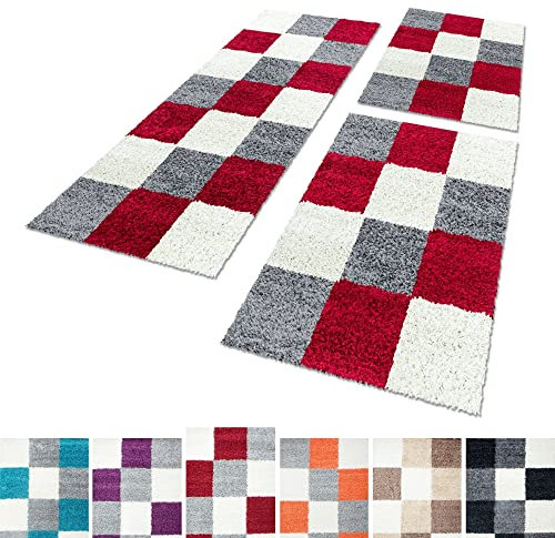 Unbekannt Shaggy Hochflor Teppich Carpet 3TLG Bettumrandung Läufer Set Schlafzimmer Flur, Farbe:Rot, Bettset:2x60x110+1x80x250