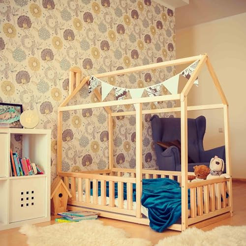 Holzbett „Montessori“ aus Kiefernholz, Montessori-Bett, Bodenbett, Holzbett, Tipi-Bett