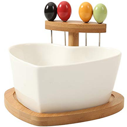 XCXDX Saladier en Céramique en Forme De Coeur avec Socle en Bois, Saladier Aux Fruits, Saladier