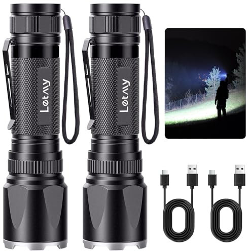 LETMY Linternas recargables de alto lúmenes, paquete de 2 linternas tácticas LED superbrillantes de 2000 lúmenes, 3 modos de luces de flash potentes con clip, linternas impermeables para acampar en