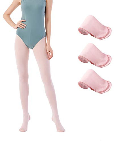 MANZI 3 Paare Ballettstrumpfhose für Mädchen Tanz Strumpfhosen mit Fuß 40 Den,Rosa,Small