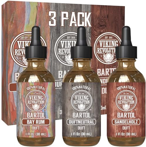 Viking Revolution - Aceite Barba Hombre Paquete de 3 - Aceites de Argan y Jojoba - Suaviza y Fortalece la Barba - Ron de Bahia, Sin Perfume y Aroma de Sandalo - 30 ml cada uno