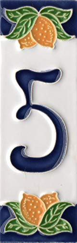Piastrelle in ceramica italiana con design a limoni, con numeri e lettere, dimensioni delle piastrelle: 10 cm x 3,5 cm, cornici contenenti da 3 a 6 piastrelle (numero 5)