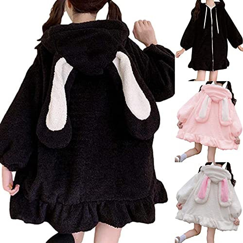 Frauen Süße Warme Jacke Lolita Kleid Japanischer Stil Herbst Winter Kawaii Weiche Lammwolle Rüschen Kaninchenohren Kapuzenmäntel Mädchen Parkas Outwear