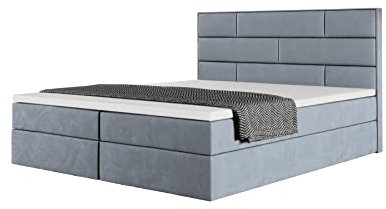 Grekpol-Boxspringbett mit 7-Zonen-Taschenfederkern-Matratze H3 18 cm und Topper 5 cm aus Memoryschaum, Polsterbett mit Bettkasten - Malaga 1 (Hellblau (Riviera 80), 160x200 cm)