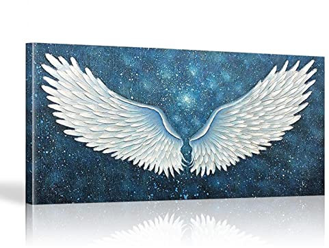 KADING Mdoern White Angel Wings Starry Blue Luxury Art Canvas Painting Abstract Poster Print Wall Art Picture for Living Room Decor 95x190cm(37x75in) With frame