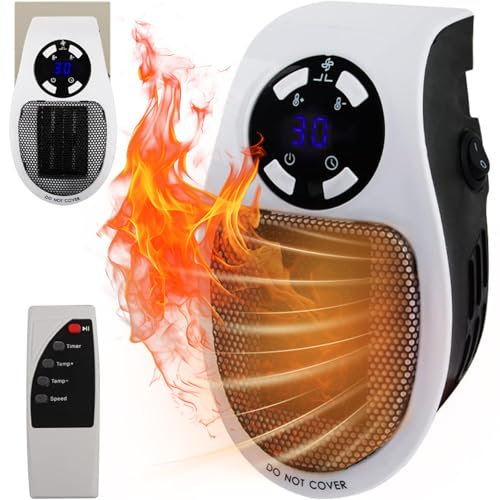 Chauffage Enfichable 500W, FainFun Mini Chauffe-Air Électrique Socket, Chauffage D'espace Mural avec Télécommande, Radiateur Électrique Soufflant 500W avec 2 Vitesses D'air, Thermostat, Timer