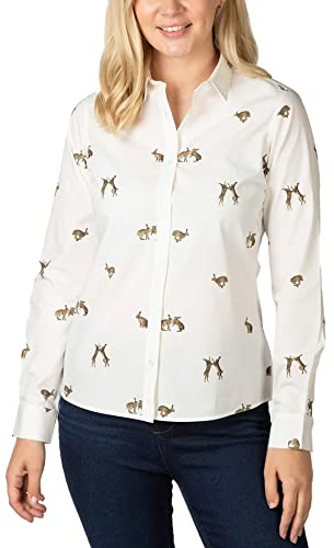 Rydale Ladies Printed Shirt Women’s Button Down Shirts 100% Cotton Animal Print Blouse 5 Colours (Hare White, 14)