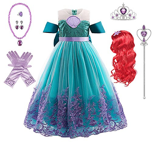 Kosplay Fille Robe de Princesse Ariel et Accessoires Déguisement de Princesse Sirène Costume Anniversaire Fête Halloween Noël Partie Carnaval Cosplay Enfant Robe de Soirée