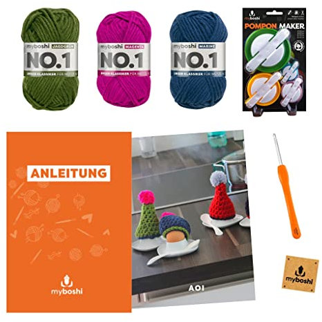 myboshi Häkelset Eierwärmer Aoi, inkl No.1 Wolle, Häkelnadel, Pomponmaker, Anleitung und original Label, 30% Merinowolle, Bunt mit Häkelnadel