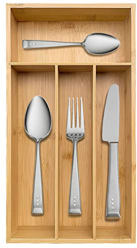 guiogc Bamboo Silverware Organizer, Kitchen Drawer Organizer, Silverware Utensil Tray Holder for Flatware Cutlery Knives, Forks, Spoons (4-Slots) (Natural)