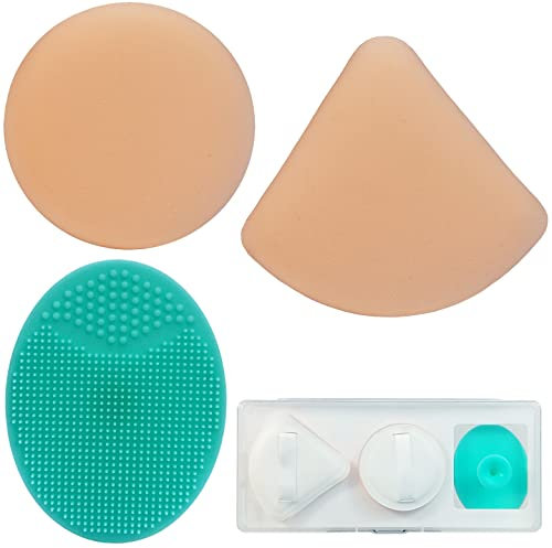 Aplicadores de Polvos & Cepillo de Silicona Set,Soplo de Polvo Triangular Circular,cepillo facial manual,cepillo exfoliante,Limpieza facial y maquillaje seco y húmedo