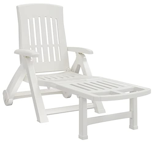vidaXL Chaise Longue Pliable avec Roues, Fauteuil avec Dossier Réglable, Bain de Soleil, Lit de Bronzage, Transat de Jardin Terrasse, Blanc PP