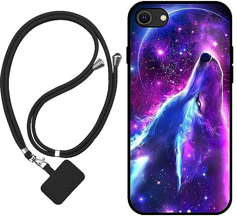 Sunrive Hülle Kompatibel mit iPhone SE 2020/8/7 Case,matt Handyhülle Schutzhülle Etui Karikatur Muster TPU Backcover (Wolf,Mond,Sterne) +1x Universale Handykette MEHRWEG