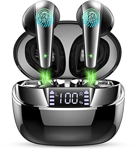 Ordtop Wireless Earbuds, Bluetooth 5.2 Headphones In Ear with Dual Mic, Wireless Headphones 35H Earphones Sport HiFi Stereo Deep Bass Noise Cancelling Ear Buds, IP7 Waterproof/USB-C/LED Display