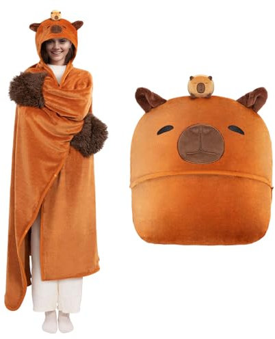Mewaii Tragbare Decke mit Kapuze und Ärmeln im Capybara Design Kuscheldecke mit Handschuhen Weiche Flanell Sherpa Decke für Damen und Herren Ideal für Zuhause Reisen und Tierliebhaber
