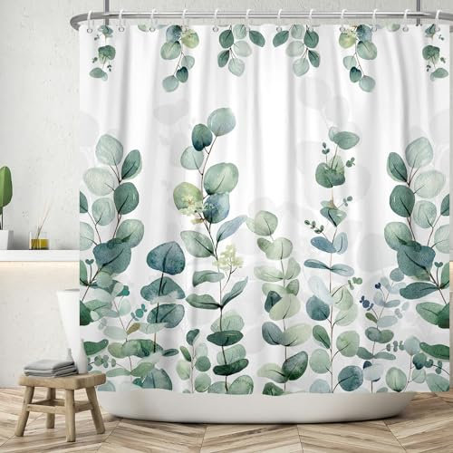ASDCXZ Blätter Duschvorhang 180x200 cm, Frühling Handgemalt Einfachheit Grün Eukalyptusblätter Weiß Bad Waschbar Duschvorhänge Polyester Textil Wasserdicht Badevorhang für Badewanne mit 12 Haken