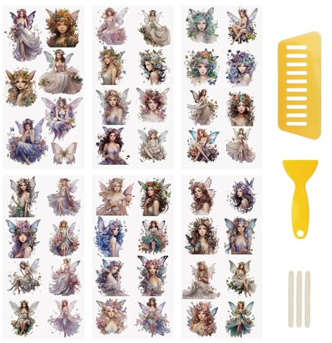 WANDIC 6 Bogen Rub on Transfer Stickers, Fee Aufkleber Wand mit Glitzer Elfen Europäischer Stil, Wasserdicht, Handarbeiten, Möbel, DIY Kunsthandwerk, Dekorieren für Fotoalbum und Scrapbook, 15 x 30 cm