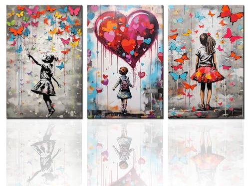 Tucocoo 3-teiliges Leinwandbild, Motiv: Banksy, Schmetterling, kleines Mädchen, Straße, Pop-Art, Gemälde, Graffiti, Liebe, zeitgenössisches Kunstwerk, Heimdekoration für Wohnzimmer, mit Holzrahmen,