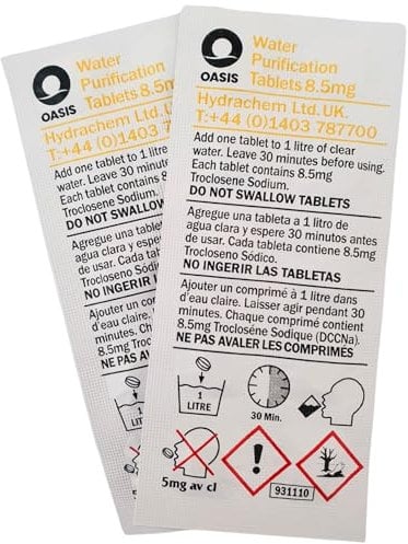 Oasis 8.5mg emergency water purification tablets, one tablet treats one litre of suspect water, 200 tablets total