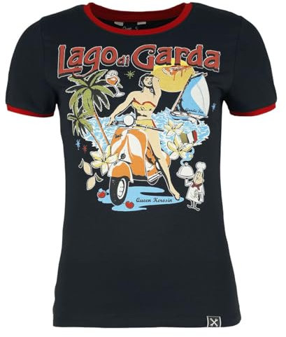 Queen Kerosin Damen Print T-Shirt Shirt Kurzarmshirt Lago Di Garda Gardasee Vintage Retro Artwork Ringer Slim Fit Lago Di Garda