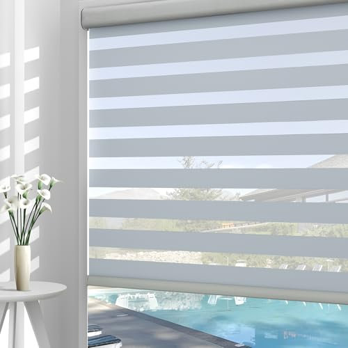 FEBORY Zebra Blinds - Cordless Roller Window Shades, Dual Layer Light Filtering Roller Shades, 31 W X 72 H, Grey, Easy Install Day Night Window Blinds for Home, Office, French Door