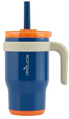 REDUCE Coldee Kids Trinkbecher mit Deckel und Strohhalm, isolierter Reisebecher, auslaufsicher, schweißfester Edelstahl, BPA-frei, inklusive Griff, wiederverwendbarem Silikon-Trinkhalm, 400 ml,