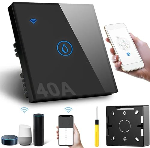 Acmerota Smart Immersion Heater Switch, Black WIFI Wall Touch Boiler Switch 40A 8000W 2.4G WiFi Water Heater Timer Switches Works with Alexa Google Home and Smart Life APP Tuya APP