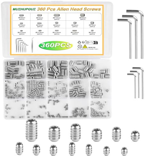 360 Pcs Allen Head Screws, Hex Socket Head Screws, Grub Screw Set, M2.5/M3/M4/M5/M6/M8 Metric Stainless Steel Internal Hex Drive Cup-Point Screws Assortment Kit for Door Handles, Light Fixture Screws