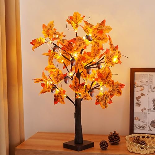 Maple with Fruits Tree Lights Indoor with 24 Warm White LEDs, USB Bonsai Tree Light Adjustable Twig Lights Battery Operated Light up Tree for Christmas Easter Party Indoor Decoration (Maple + Fruit)