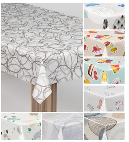 laro Wachstuch-Tischdecke Wachstischdecke Gartentischdecke, Muster:Schwungkreise Grau Beige, Größe:140x280