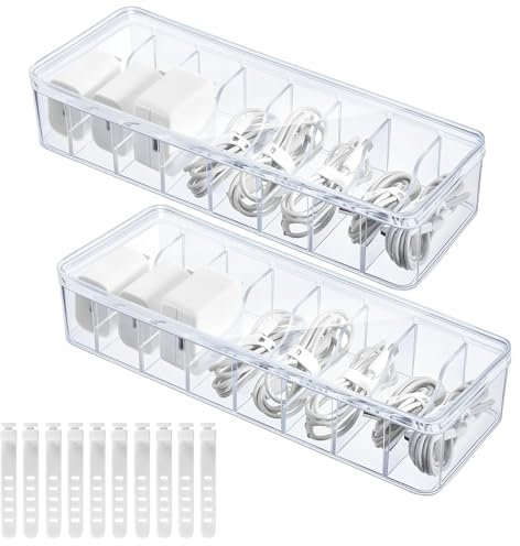 2 Pack Plastic Cord Organizer Box with 20 Wire Ties, Electronics Accessories Storage Case, Clear Cell Phone Cord Storage Organizer with 8 Compartments for Home Office Desk Organizers and Accessories