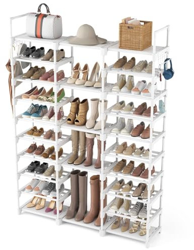 Vicye Zapatero de 10 Niveles para Entrada y Recibidor, Grande para 54-62 Pares, Ahorra Espacio, Estantería Metálica con Ganchos, Blanco