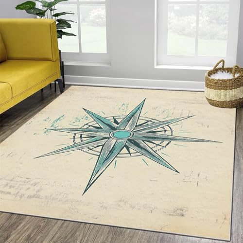 Teppich Wohnzimmer Floral illustrierter Kompass Kurzflor Teppich Schlafzimmer Pflegeleicht und Extra Weich 140 x 200 cm Küche Esszimmer Kinderzimmer Beige