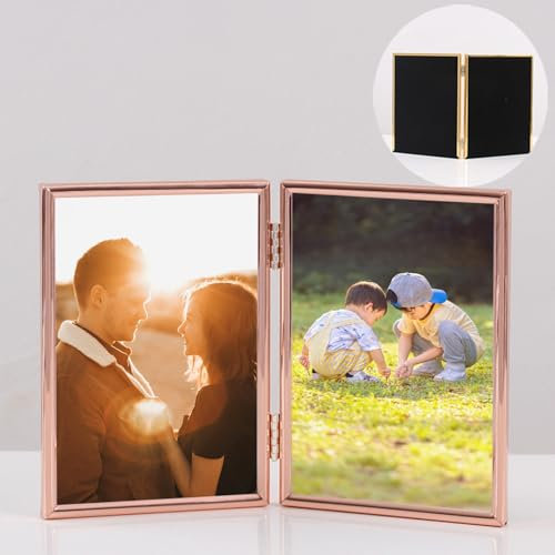 Glass Photo Frames 5x7 Small Vertical for Table Display, 2 Openings Foldable Picture Frame Rose Gold Metal Frames for Living Room