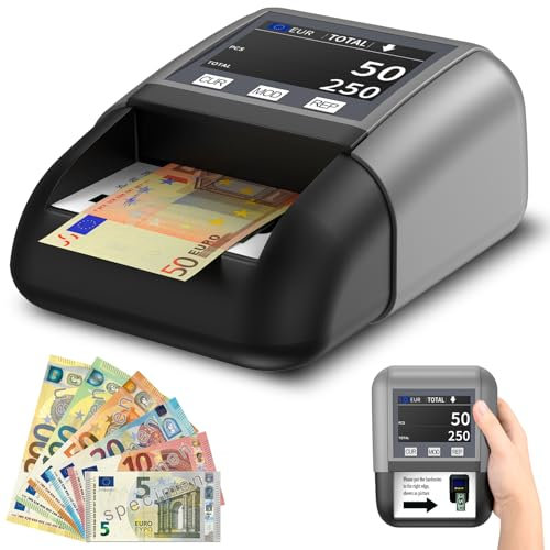 Onherm automatischer Geldscheinprüfer UV/MG/IR, Geldzählmaschine für Scheine mit Batterie, Banknotenprüfer mit 7 Fälschungsprüfungen für Falsche EUR, USD, GBP, GOD, RUB, AED, Einzelnoteinzug